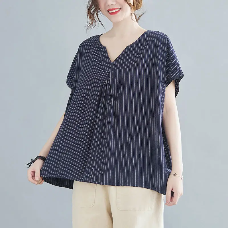 Women Summer Simplicity Loose Striped Large Size Appear Thin Cotton and Linen V-neck Short Sleeve T-Shirt Ladies Casual Top Tee