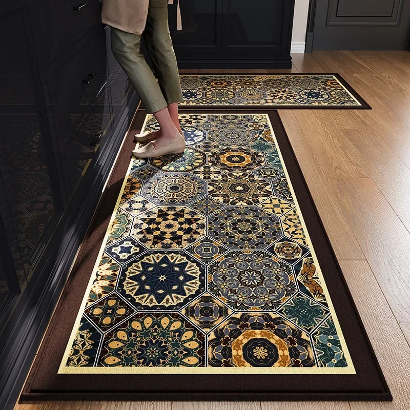 Vintage Kitchen Floor Mat Oil-proof Waterproof Household PVC Leather Easy Clean Floor Rug Balcony Soft Carpet Decorate Alfombra