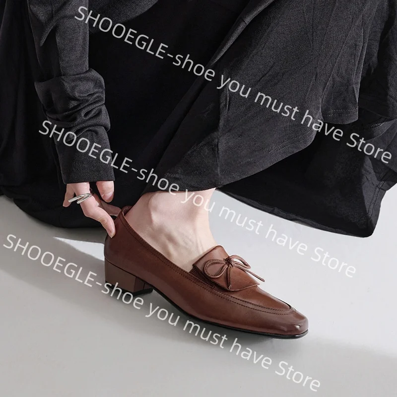 Women's Leather Block Heel Loafers Bow Detail Elegant Design Square Toe Low Sturdy Block Heel Slip-On Ladies Classic Office Shoe