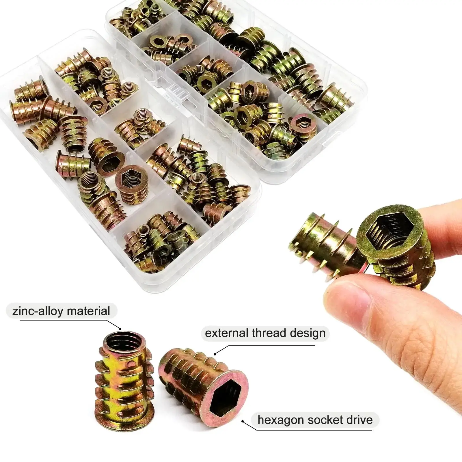 165/75/55pcs Threaded Insert Nut E-nut M4 M5 M6 M8 Set Kit For Wood Furniture Bed Cabinet Table Embedded Hex Hexagon Socket Head