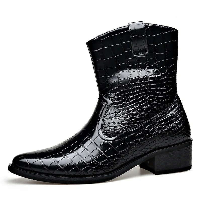 Botines de cuero con patrón de cocodrilo para hombre, zapatos de vestir de moda de talla grande de estilo británico, botas Chelsea de diseñador negras para hombre