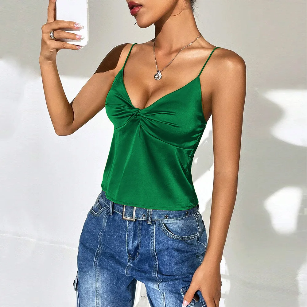 Women Sexy V Neck Crop Satin Solid Temperament Camisole Top Stock