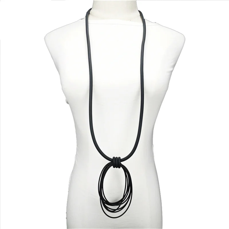 New Gothic Hand-designed Black Rubber Chain Hollow Round Pendant Long Necklace Retro Punk Style Versatile Sweater Chain