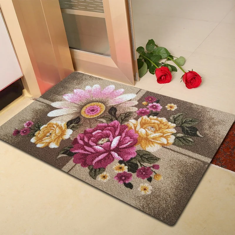VIKAMA Retro Rose Print Carpet Anti Slip Dust Removal Door Mat Absorbent Floor Mat Entrance Indoor Home Decoration