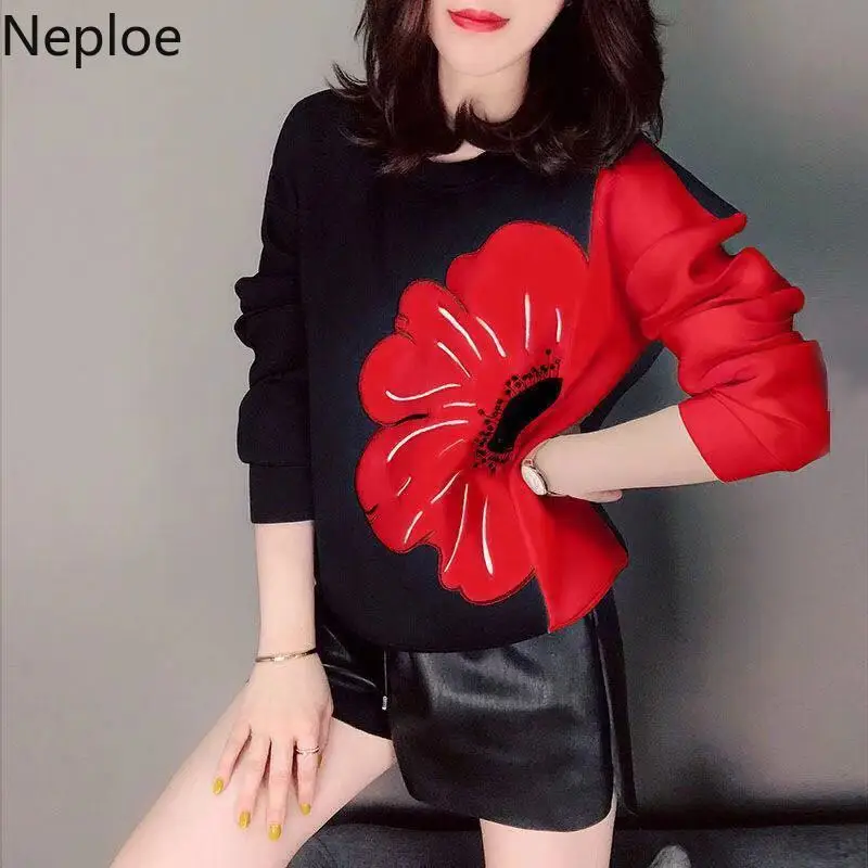 Neploe O Hals Dikke Warme Truien Contrast Kleur Patchwork Bloem Patroon Sweatshirt Herfst Winter Lange Mouw Trui Top 94202