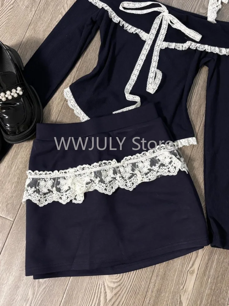 Women New 2024 Autumn Fashion Lace Patchwork Off Shoulder Ruffles Lace-up Tops + High Waist Mini Skirt Two Piece Set Y2k