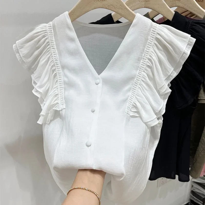 Flying Sleeve Shirts Women French Style Loose Ruffles Literary Solid All-match Elegant Mature Summer New Fashion Female Ulzzang