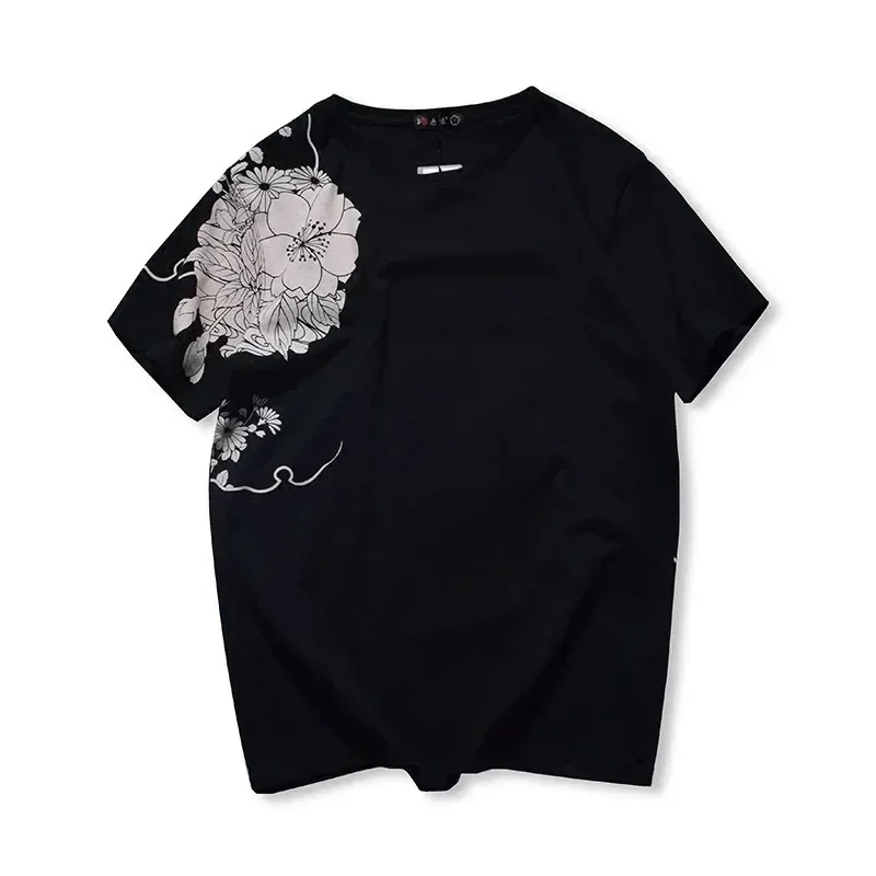 Lyprerazy Japanese Harajuku Ukiyoe Vintage Embroidered T-shirt Men Carp Fish Embroidery Chinese Style T Shirt