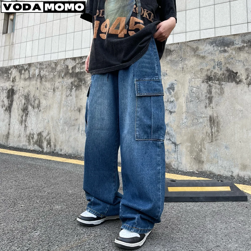 High Street Jeans Vintage Washed Oversize Wide Leg Denim Pants Men's Drape Grunge Workwear Big Pocket Baggy Pants cargo pants