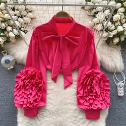 Spring Senior Shirt Women Bow Collar Lantern Sleeves Fashion 3D Flower Design High Street Elegant Loose Solid Blouse