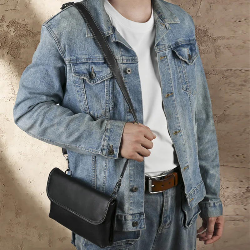 Minimalist Black Genuine Leather Cowhide Crossbody Bag Small Flap Shoulder Bags for Men Casual Daily Handbag