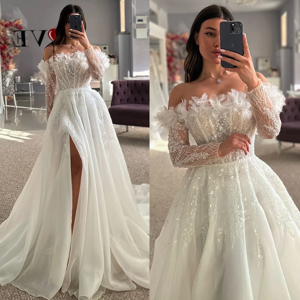 

Vintage Sequins Dresses Bridal Gowns Ral Off Shoulder Long Sleeves Wedding Dress Split Sweep Train Vestidos De Novia