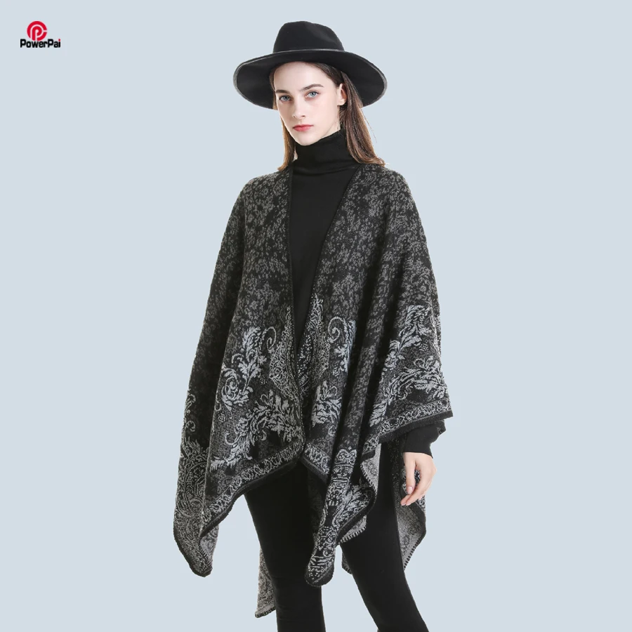 European Style Jacquard Knit Acrylic Cashmere Cape Long Fashion Slit Shawl Women Autumn Winter Wraps Scarf Travel Leisure