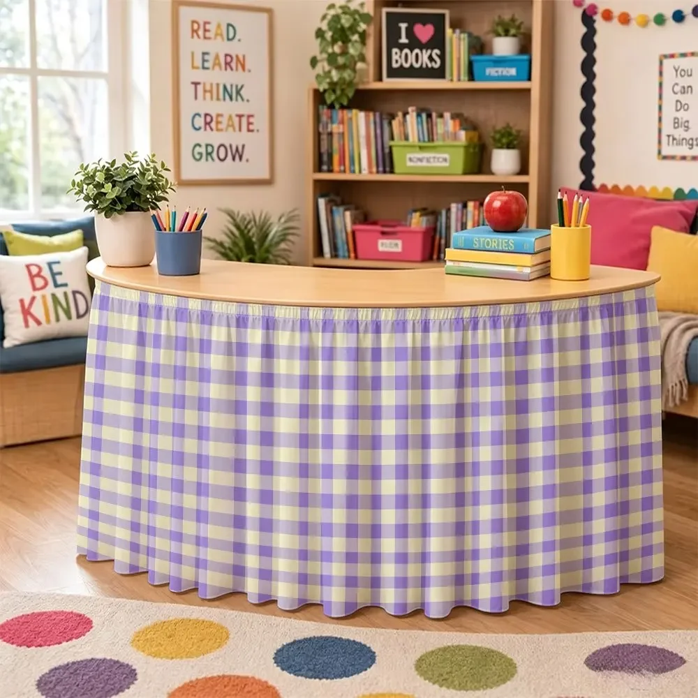 1 piece of purple-yellow checkered table skirt. An elastic festive gift suitable for classroom party table skirts.