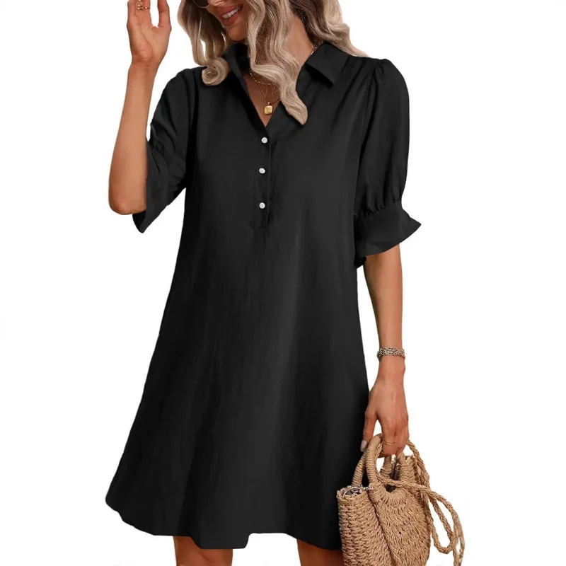 

2025 Oversized S-5XL Women Loose Blend Dress Summer Turn Down Collar Short Sleeve Solid Baggy Brazil Vestidos Beachwear FYY-1062