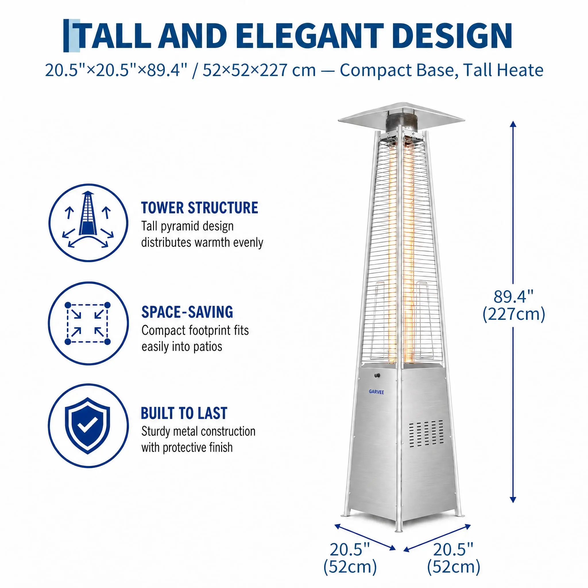 89in Pyramid Propane Patio Heater With Visible Flame Glass Tube Wheels Waterproof Cover Adjustable Heat For Deck Garden Poolside Silver