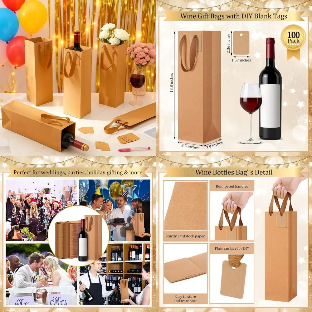

100 Pack Sturdy Paper Wine Gift Bags, 3.9x3.5x13.8 Inches, with Handles for Champagne, Alcohol, Retail, Business, Holiday Party