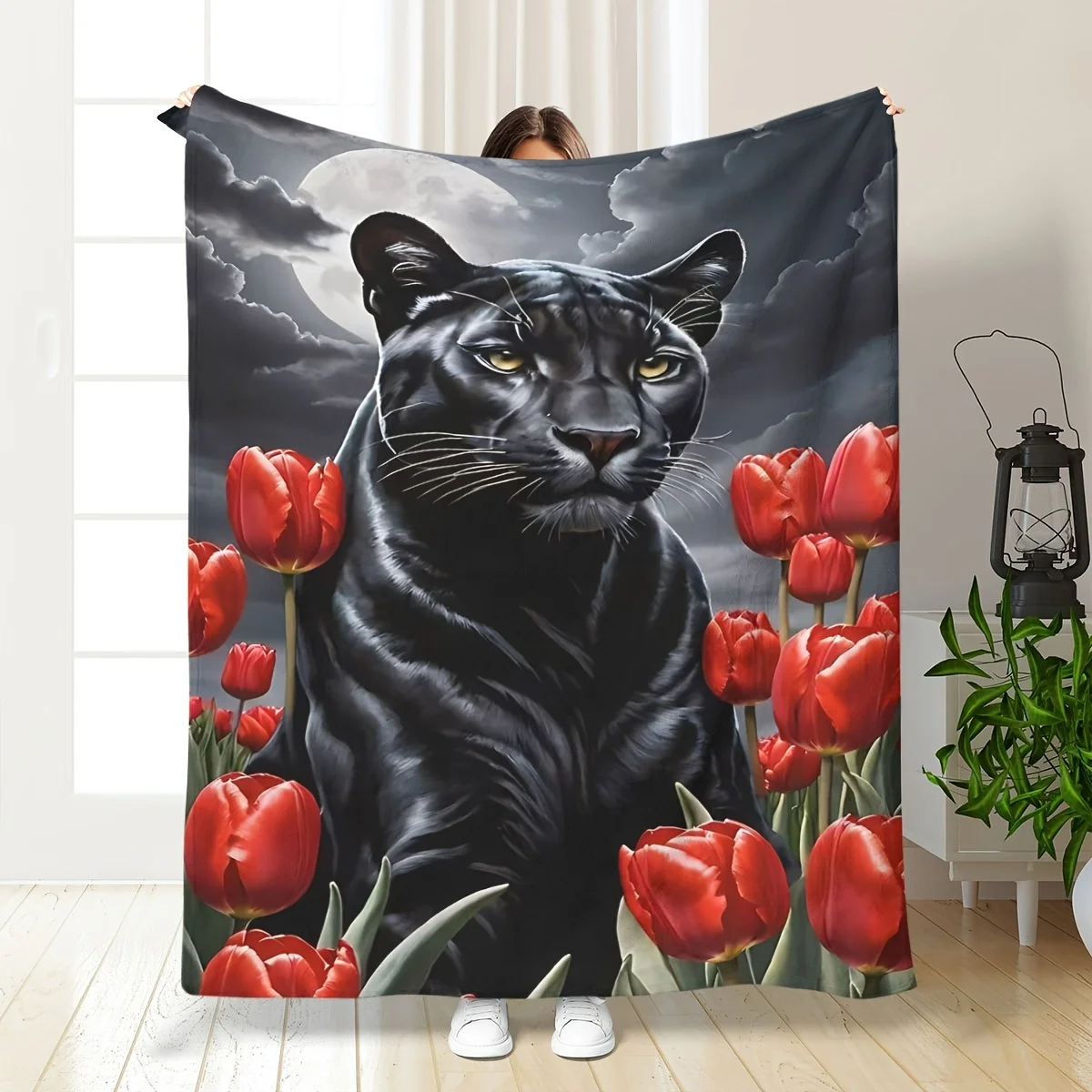 Dramatic Black Panther Floral Tulip Print Cozy Throw Blanket for Sofa Couch Living Room Home Decor Gift Fleece Art Accent