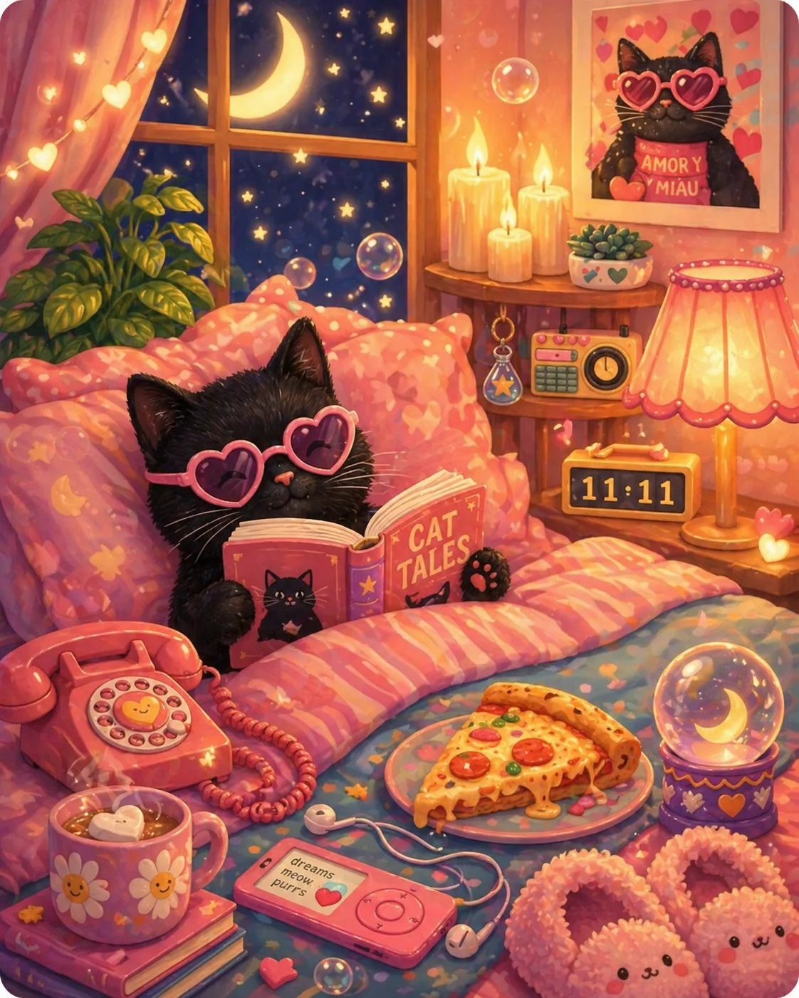 DIY Cozy Bedroom Black Cat Portrait Diamond Painting Warm Night Pastel Mosaic Handmade Art Creative Gift Home Decoration