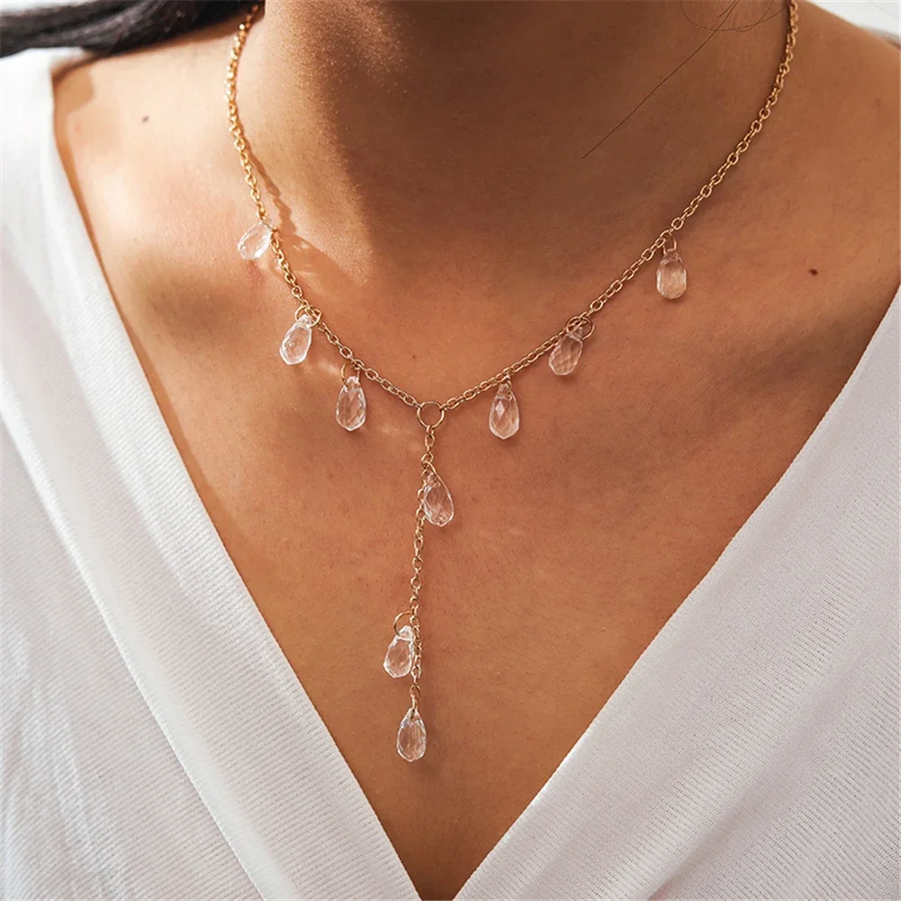 LXY-W New Fashion Simple Gold Plated Tassel Water Drop Crystal Necklace For Women Vintage Chain Sweet Choker Girl's Jewelry Gift