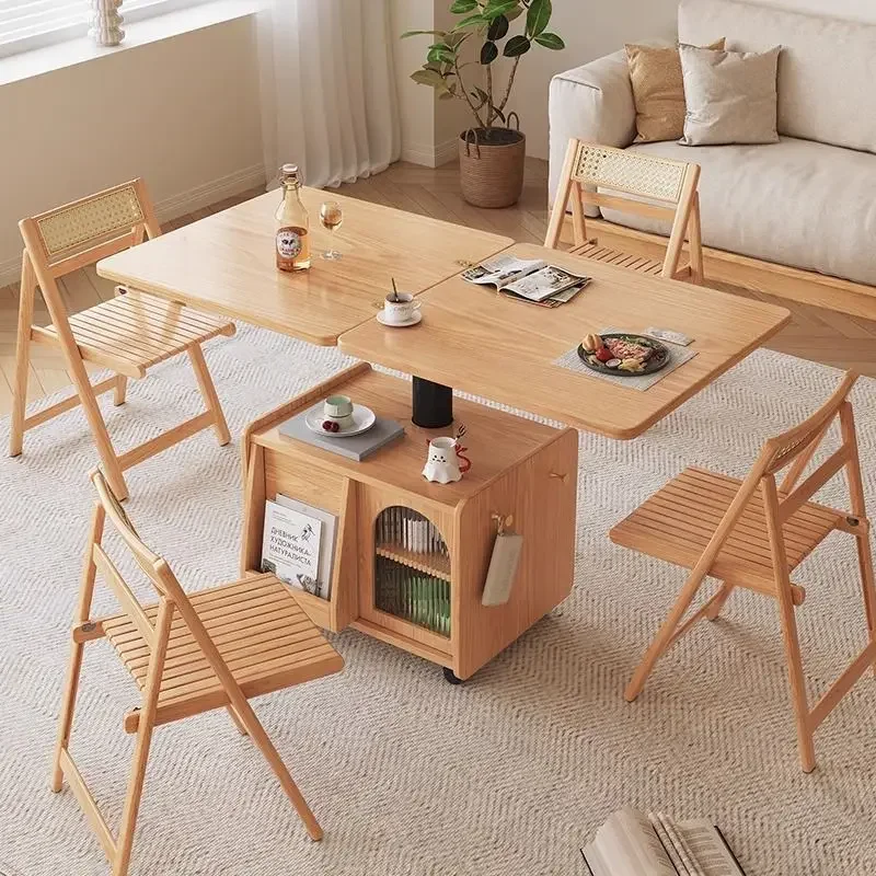 Modern simple all-solid wood multi-functional coffee table, mobile Nordic liftable dining table small apartment dual-use
