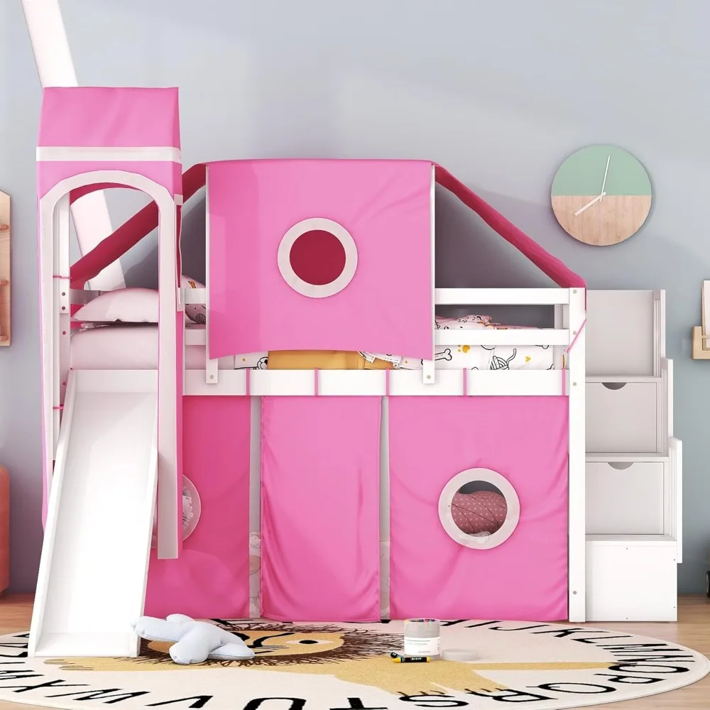 House Loft Bed with Slide and Storage Stairs, Wood Kids Loft Bed with Tent and Tower, Playhouse Loft Bed Frame (Twin Size, Pink)