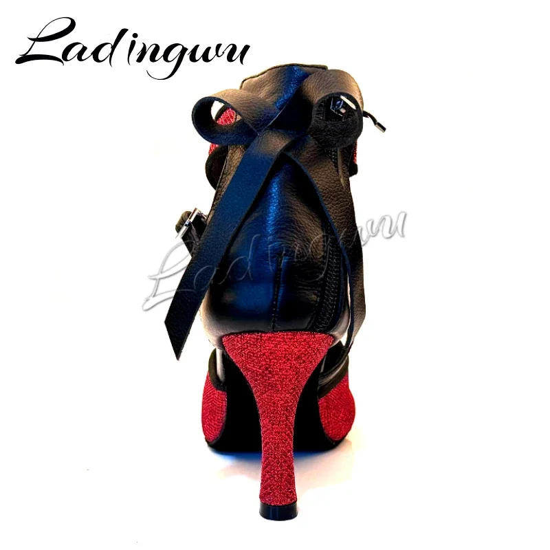 Ladingwu-Red Glitter Latin Dance Shoes, Black Leather Bow, Salsa Dance Shoes, Tango Dance Shoes, Ballroom Sandals