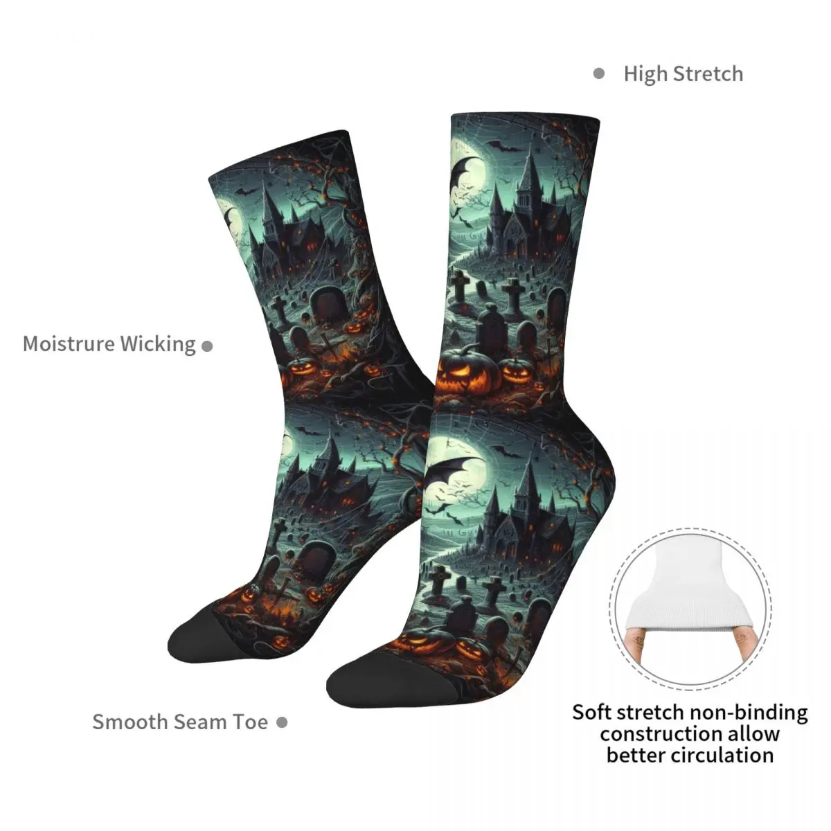 Bats Over Cemeteries And Glowing Pumpkins Halloween Socks Harajuku Stockings All Season Long Socks for Unisex Christmas Gifts