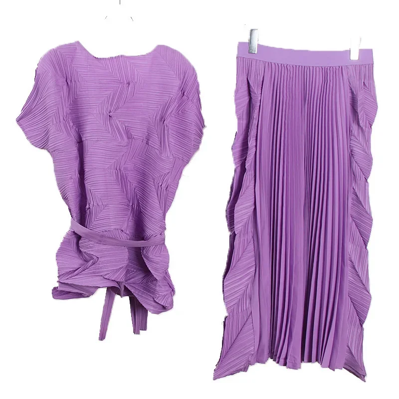 2025 الصيف قصيرة الأكمام التعادل تصميم أعلى + مرونة الخصر نصف الجسم تنورة قطعتين مجموعة مياكي غير النظامية فضفاضة مطوي المرأة مجموعة