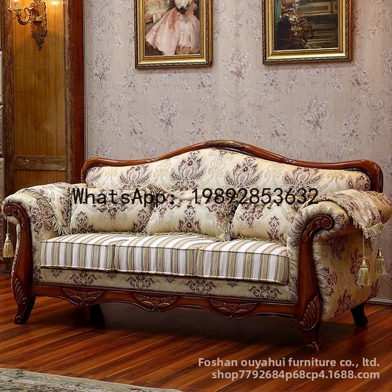 CZ Fabric Sofa Living Room Full Set Solid Wood Carved Double American Simple Three-Seater Sofa