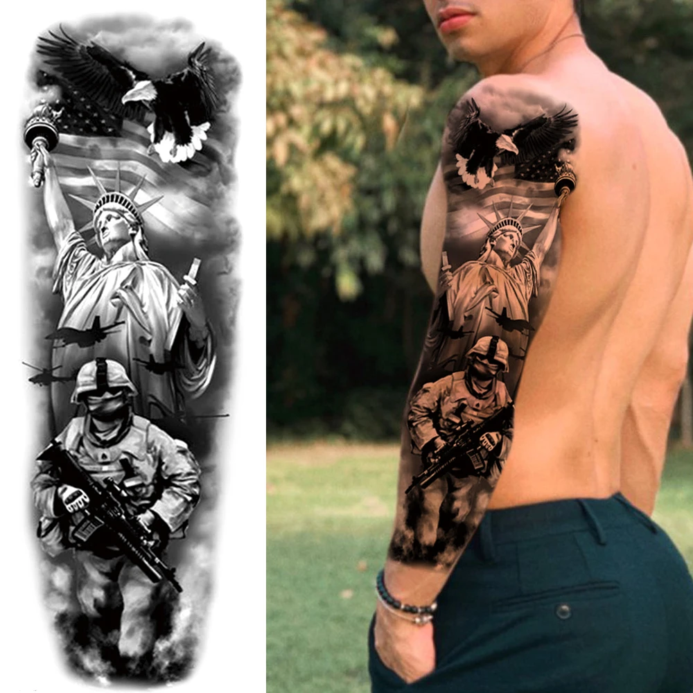 Mangas de tatuaje temporal supergrandes para hombres y mujeres, brújula, cabeza de Lobo, ojo, León falso, Dios, pluma, tatuaje, bricolaje, brazo