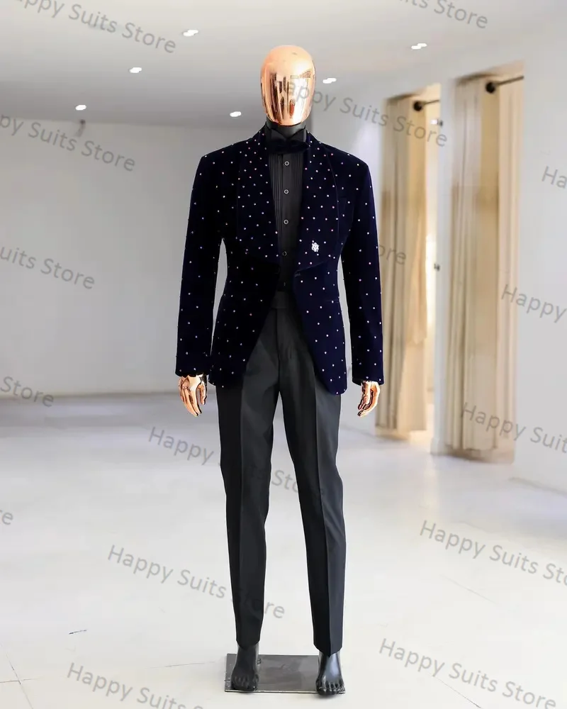 Crystals Velvet Groom Men Suit Set 2 Pieces Blazer+Cotton Pants Formal Office Jacket Coat Trousers Wedding Tuxedos Custom Made