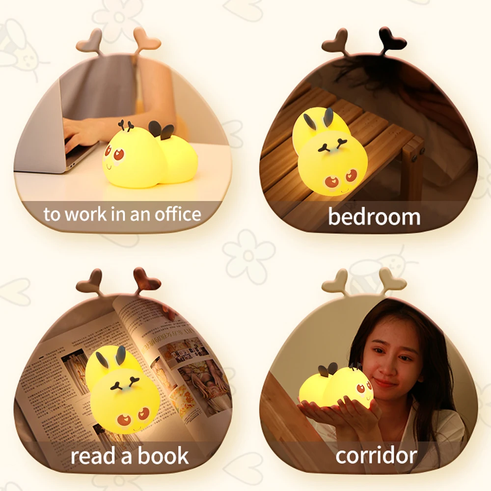 Novelty Bee Silicone Night Light For Kids 7 Colors Kawaii Touch Lamps 3 Levels Brightness Nursery Nightlight For Baby Gifts