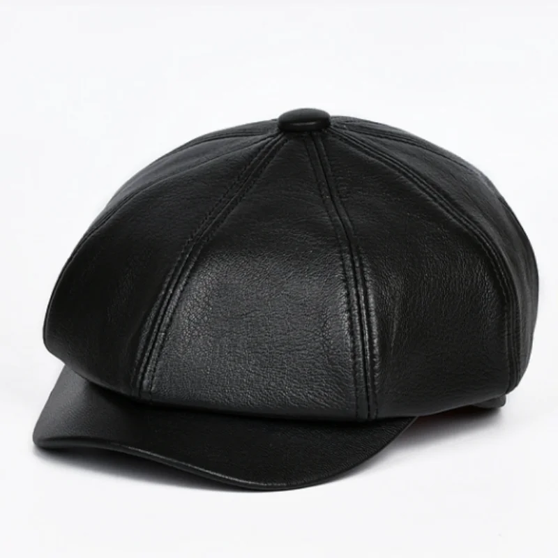 Retro Beret Hat for Men Leather CowSkin Octagonal  Autumn Winter British Caps Retro Sheepskin Newsboy Boina Painter Gorras
