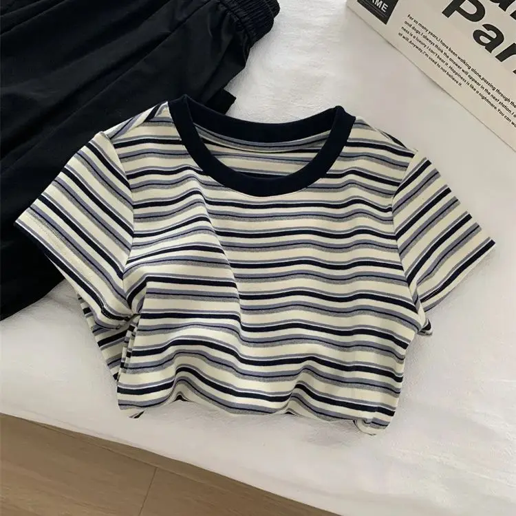 

Summer Stripe petite slim short striped T-shirt for women early autumn new contrast color round neck straight shoulder short sle