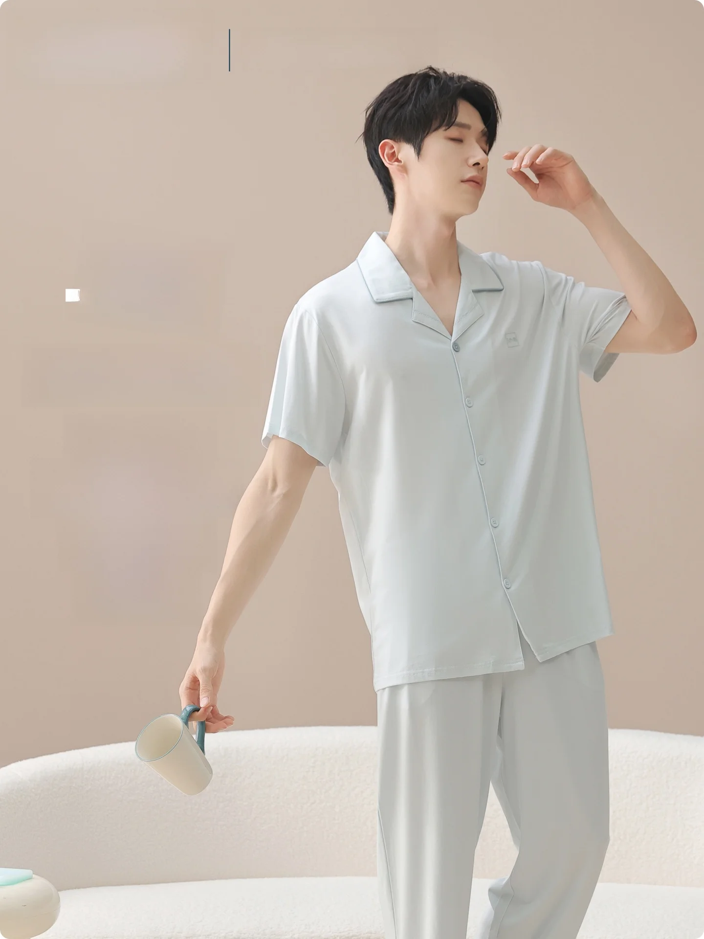 Plandoo Men's Lenzing Cotton Sleepwear Short Sleeve Collared Home Clothes Set Suitable for Outdoor Wear Summer Leisure Style