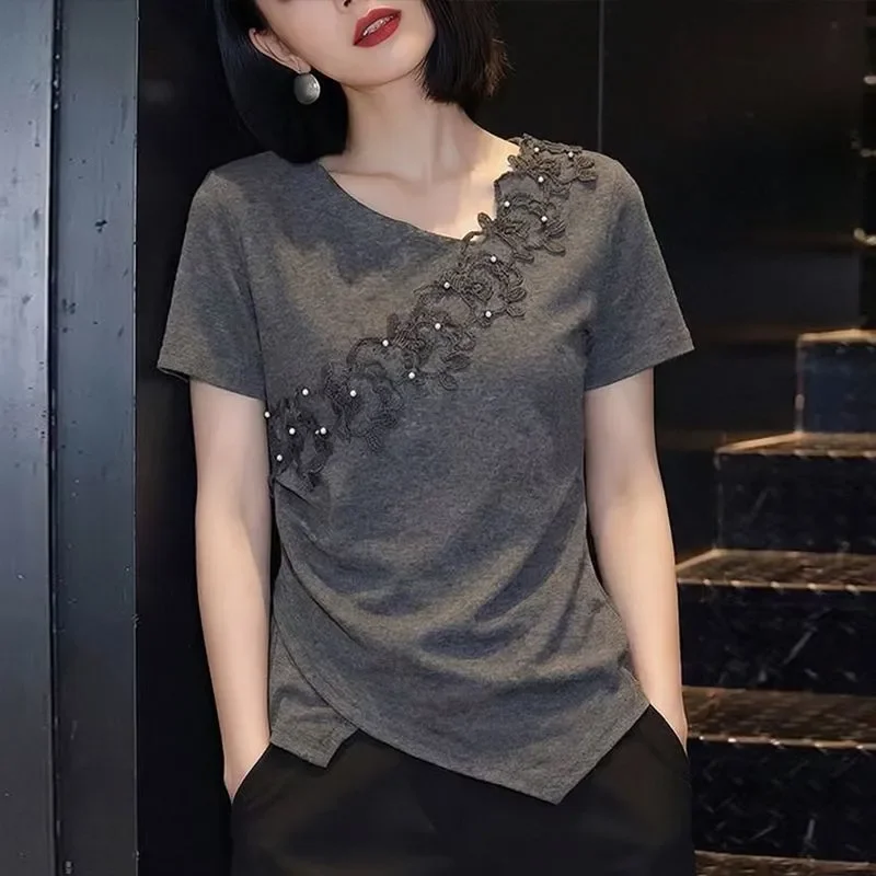 Womens Grey V Neck T Shirt Short Sleeve Lace Applique Irregular Hem Top
