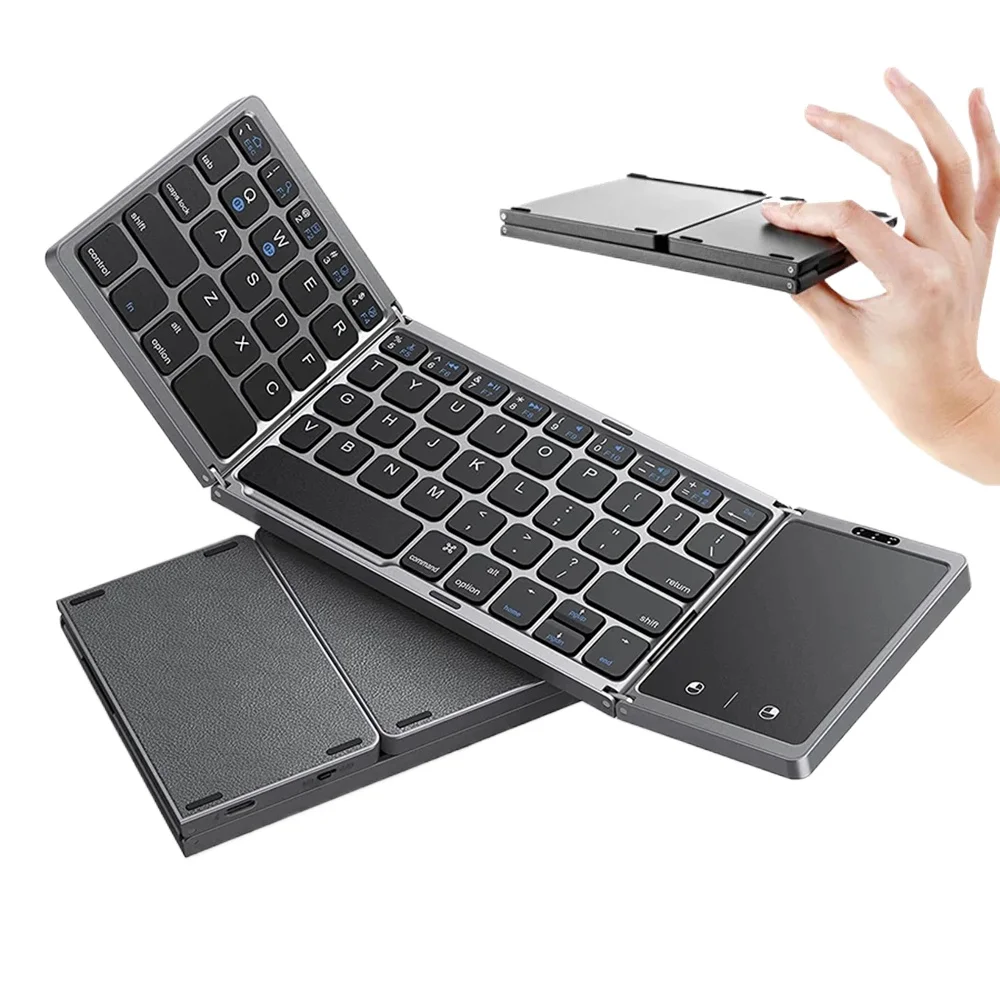 AI 3-Folding Keyboard Mini Wireless Keyboard Foldable Dual Bluetooth Keyboard with Touchpad for Windows Android IOS iPad Phone