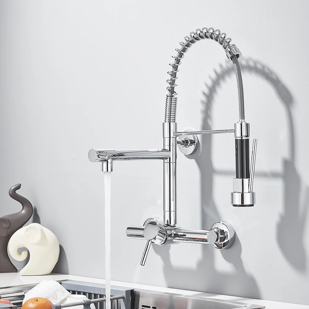 صنبور المطبخ الأسود صنابير المياه الساخنة والباردة الحائط الحنفية سفينة بالوعة صنبور حوض خلاط الربيع المزدوج قطب ينبثق بالوعة خلاط رافعة