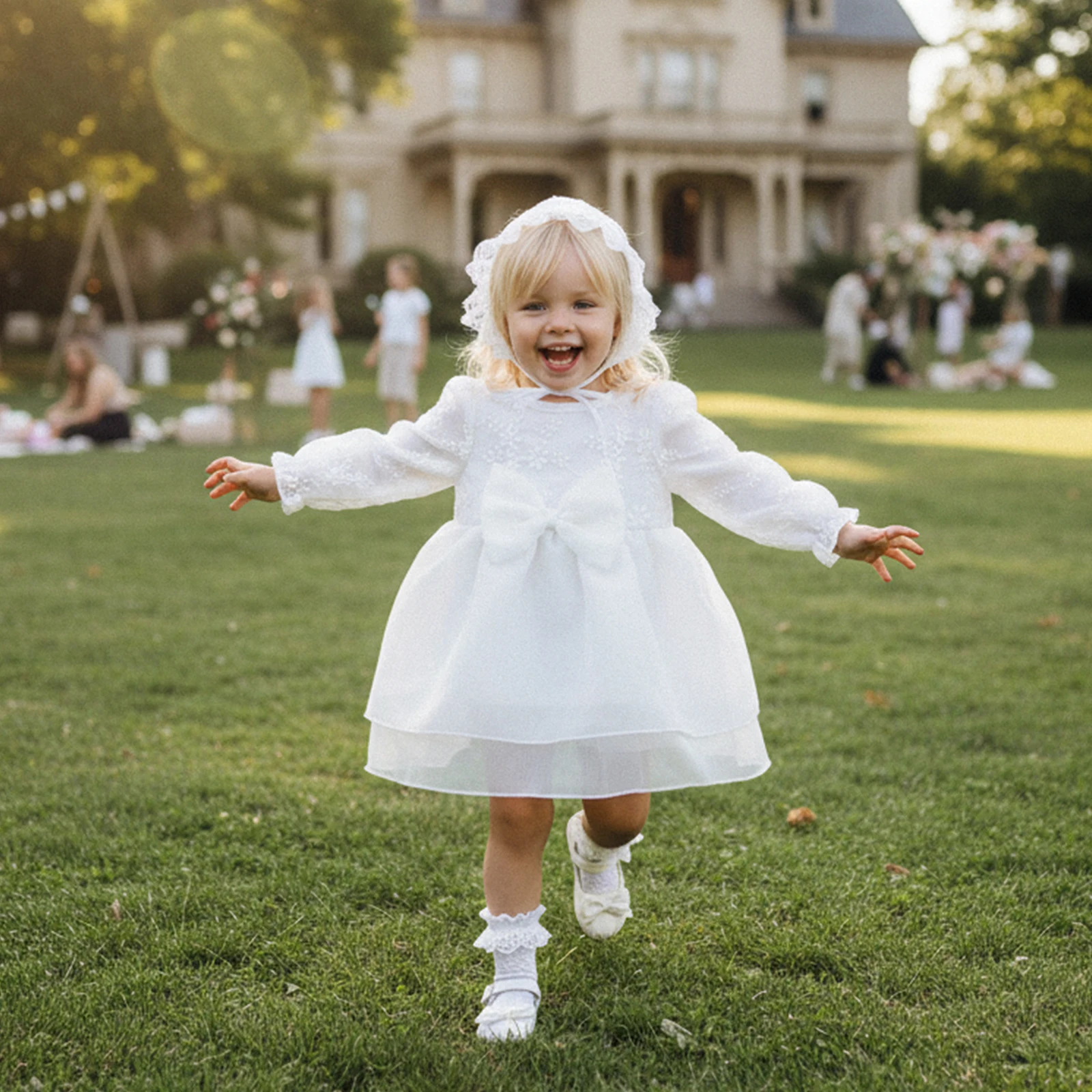 Baby Girls Floral Embroidery Dress Long Sleeve Round Neck Tulle A-line Dress with Hat
