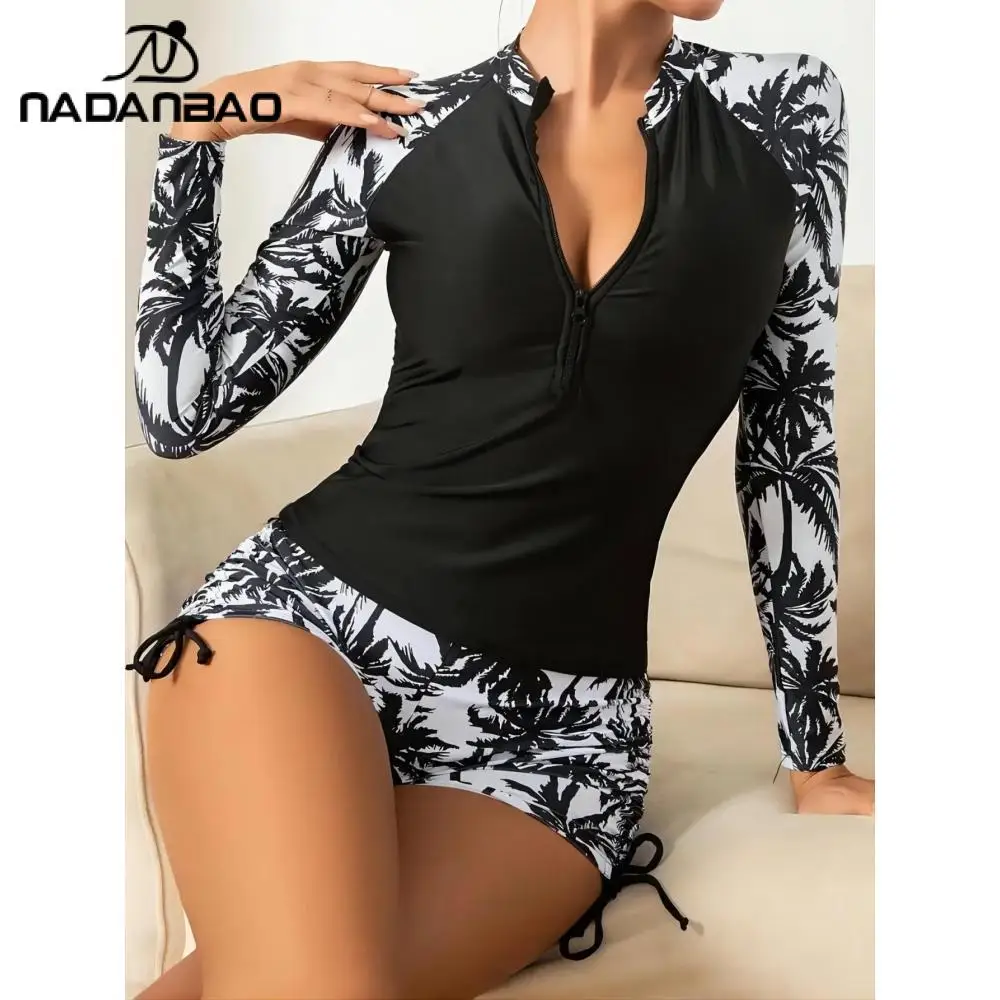 Nadanbao Women Coconut Tree Print Bikini Swimwear Black White Casual Tankini Set Zipper Long Sleeve Surfing Suit Beach Swimsuit