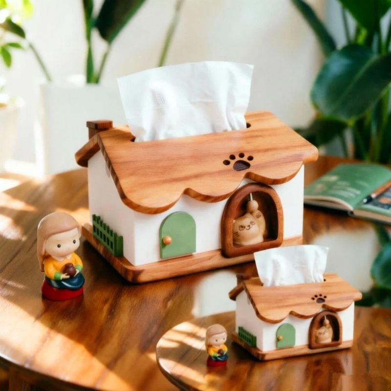 

New House Shaped Wooden Tissue Box Cute Cat Paw Print Decorative Napkin Holder for Home Living Room Bedroom Desktop Storage Box