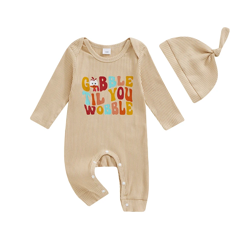 

Baby Boy Thanksgiving Romper Casual Letter Turkey Print Long Sleeve Jumpsuit and Hat Set for Infant Toddler Fall Outfit