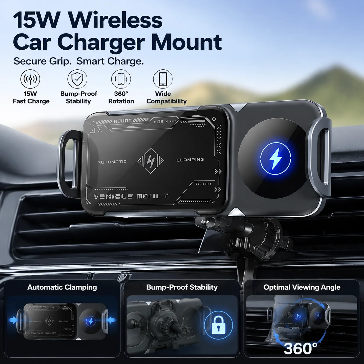 Soporte Magnético para Teléfono con Rotación de 360°, Cargador Inalámbrico para Auto, Soporte Antideslizante, Carga Rápida, Accesorios para Celulares