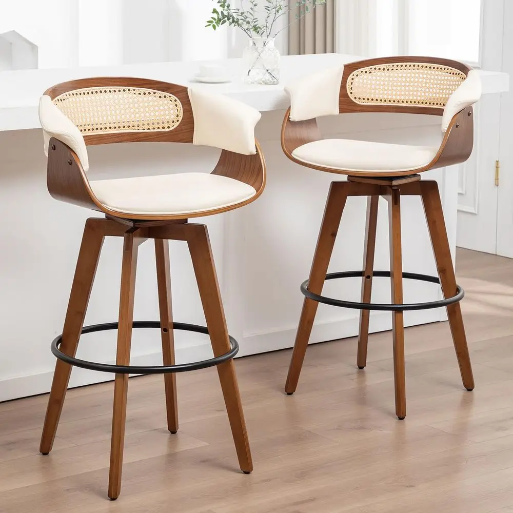 

of 2 Rattan Swivel Counter Stools 26.4 inch Mid Century Modern Counter Stools with Cane Back, Upholstered Seat, Curved Arms, Ba