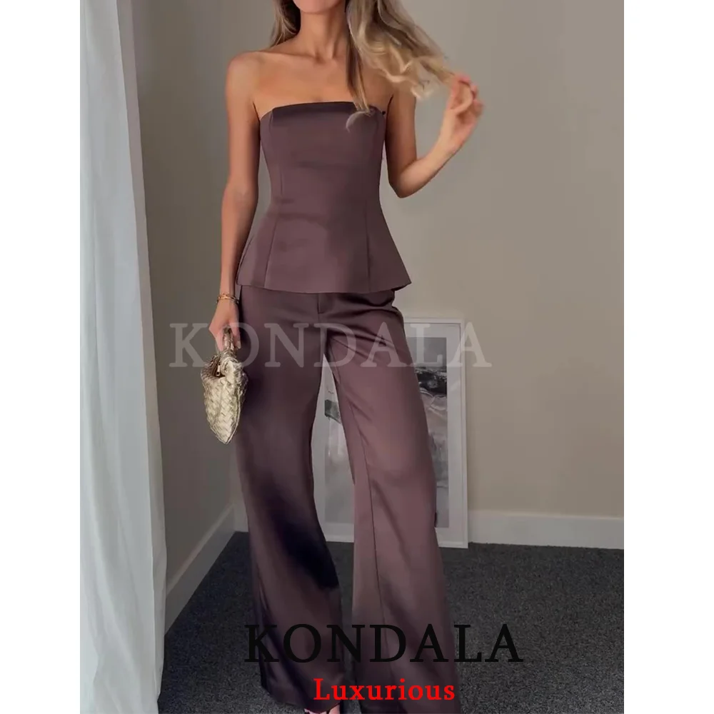 KONDALA خمر شيك براون الساتان النساء الدعاوى صديرية دائرية عارية الذراعين السترة السراويل المستقيمة موضة 2025 الخريف مكتب سيدة الدعاوى الحفلات #3