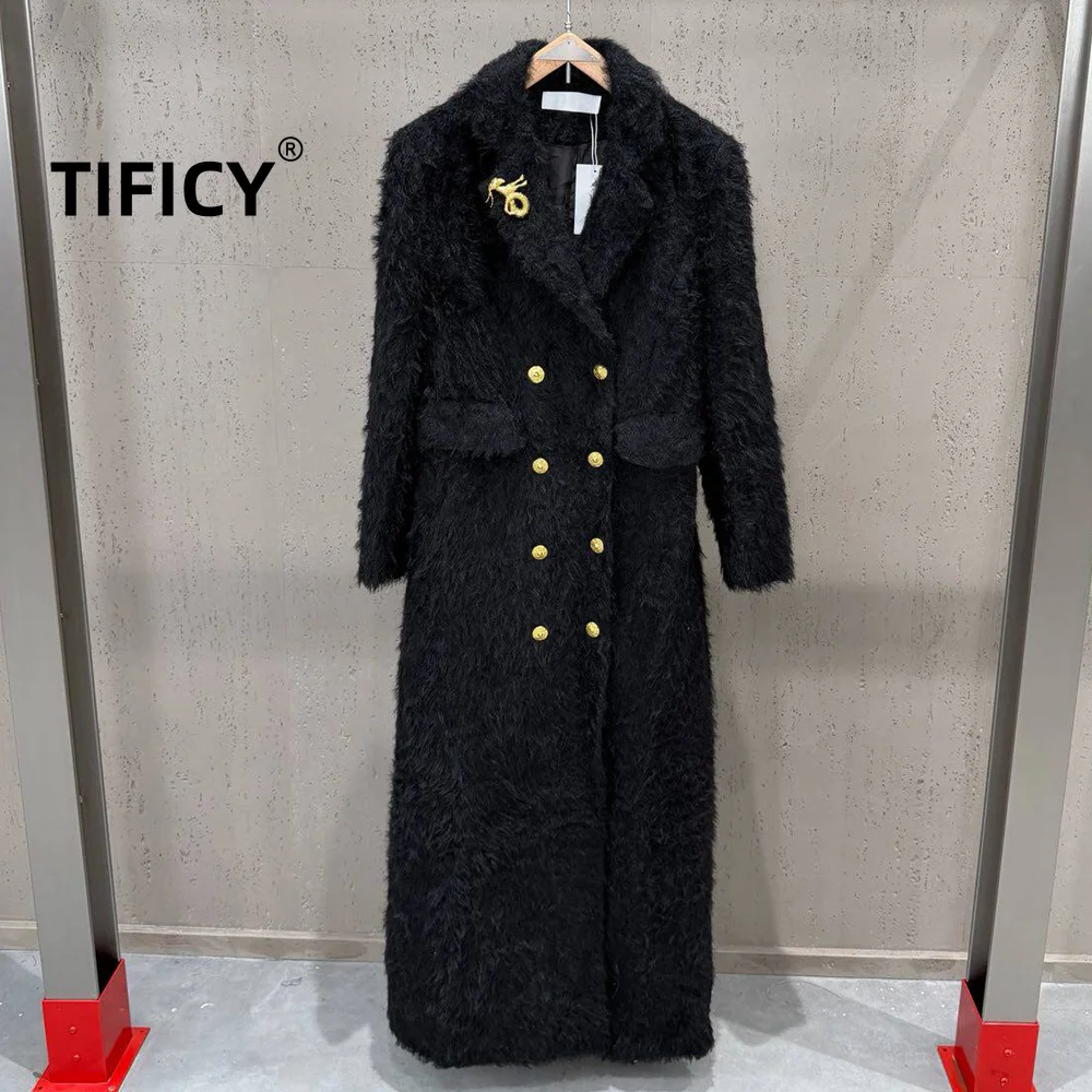 High Street Coats Women's Autumn and Winter Ins Collar Long Sleeved Double Breasted Metal Pin Decoration Plush Coat
