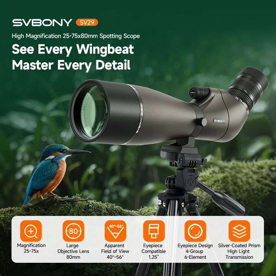 Svbony SV29 Teleskop 25-75x80mm FMC Abnehmbares 1,25"-Okular Schwalbenschwanzanschluss Spektiv für Vogelbeobachtung, Mondbeobachtung, Camping – Detail 10