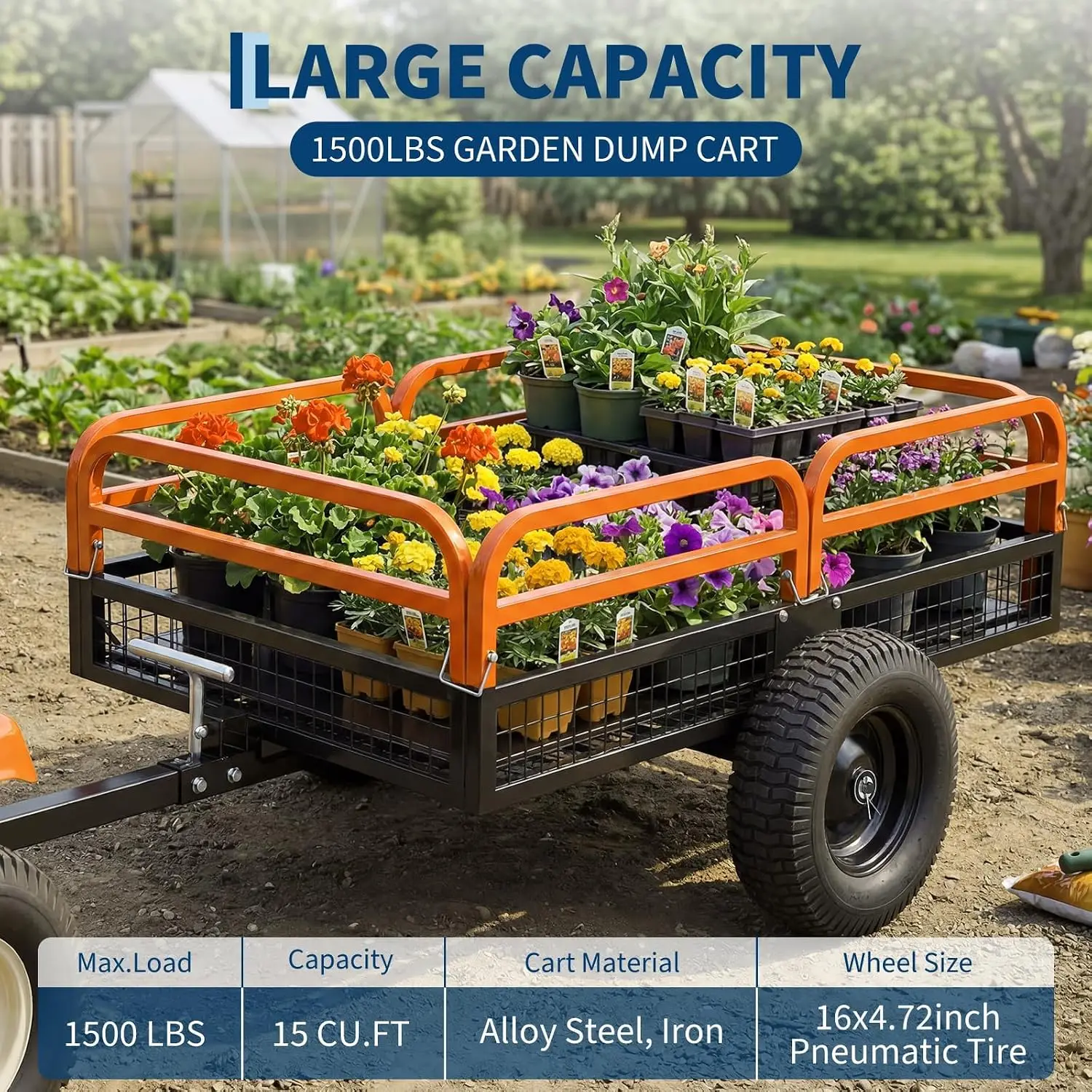 Heavy Duty Utility Trailer 1500LB 15Cu.Ft ATV Pull Behind Removable Sides & Terrain Tires Lawn Dump Cart Garden, Customized