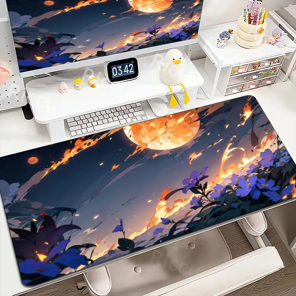 Sunset Moon Lake Scenery Large Extended Mousepad Non-slip Base Locked Edges Keyboard Mat for Peaceful Office Workstation